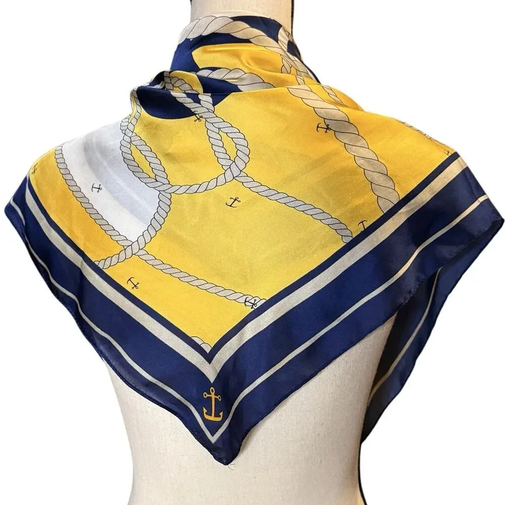 Nautical Anchor Rope Chain 100% Silk Square Scarf Navy Yellow White Classic 27”